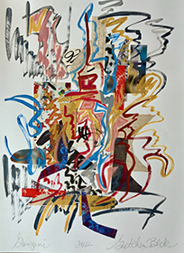 Colorful mixed media collage and paint work on paper